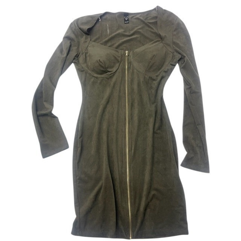 Windsor Olive Green Faux Suede Full Zip Front Corset Bodycon Mini‎ Dress Small